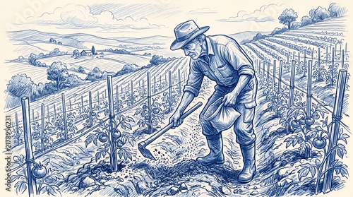 Blue ink sketch of farmer tilling rural field.