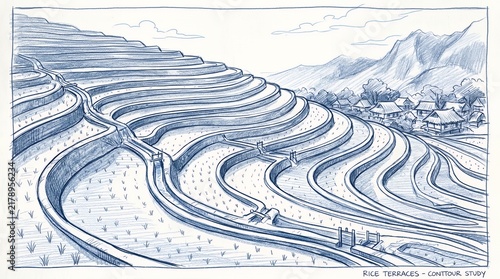Blue ink sketch of mountain rice terrace landscape.