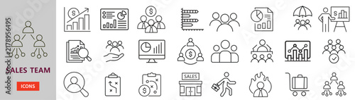 Sales Team Line Icons Set for Business Management Performance Strategy Revenue Growth Leadership Vector