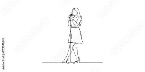 Continuous single line drawing of a young woman singing into a microphone on stage