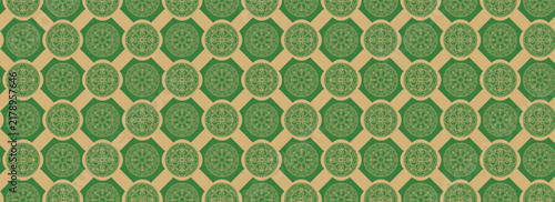 seamless repeating pattern of ornate golden circular mandala emblems interconnected by subtle, thin geometric line work. background ilustration