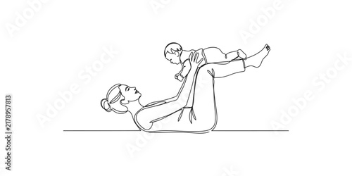 Continuous single line drawing of a happy mother lying down and lifting her baby up in the air
