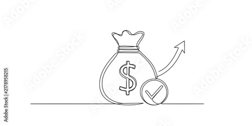 Continuous single line drawing of a money bag with a dollar sign and a check mark symbol showing financial success and profit growth