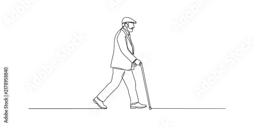 Continuous single line drawing of an old man walking with a cane