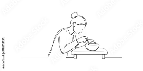 Continuous line drawing of a young woman eating food from a bowl at a table