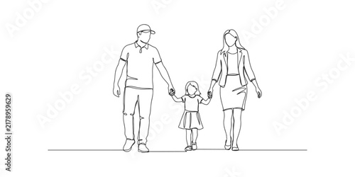 Happy family with father mother and little daughter holding hands walking together line drawing illustration