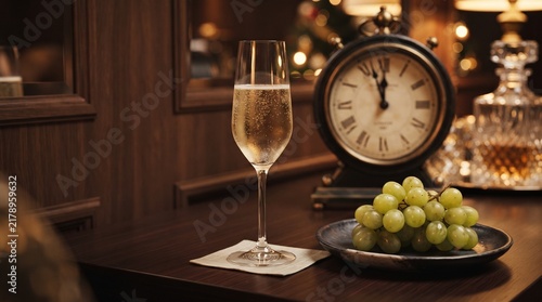 champagne glass with sparkling wine vintage clock and green grapes on wooden table celebrating new year and special anniversary
