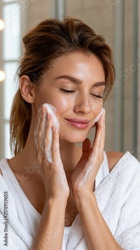 Woman washing her face in a bathroom during morning routine