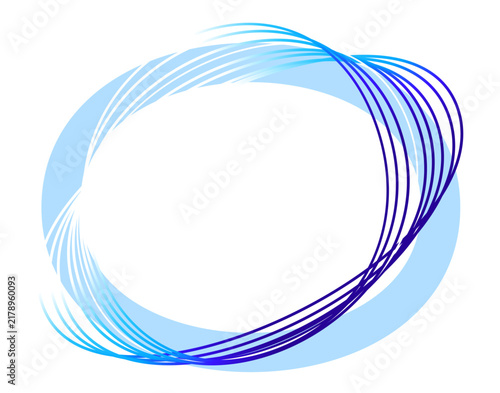 Blue abstract lines create a circular frame on a white background.