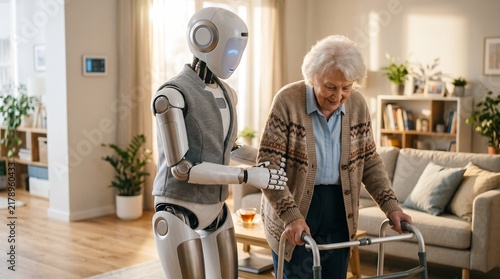 Advanced humanoid robot assisting an elderly woman with a walker in a comfortable, sunlit home living room, providing care and support for daily life.