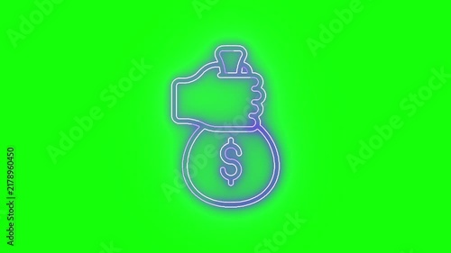 Neon money bag approval icon looping on green screen chroma key, glowing purple outline for finance ads, banking app UI, ecommerce promotions, payment overlays, marketing videos, and motion graphics c