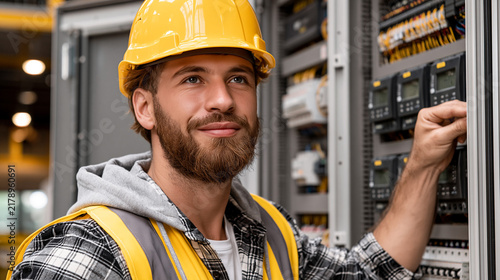 Worker checks electrical panels in factory during daytime
