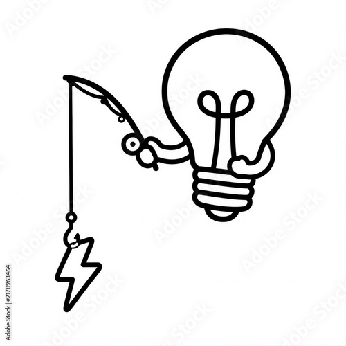 Bright Idea Caught A Lightbulb Character Fishing for a Lightning Bolt of Inspiration