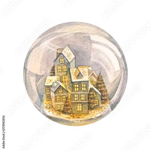 Watercolor Christmas snow globe featuring a magic fairy tale winter city illuminated by warm golden light. Festive atmosphere clipart isolated on white background. Greeting card wallpaper or wrapping