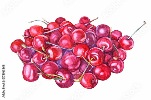 Watercolor red cherry isolated on white background. Hand-drawn sweet summer food with vitamin. Spring berry and fruit. Clipart for menu card or sticker kitchen. Element for wallpaper or wrapping