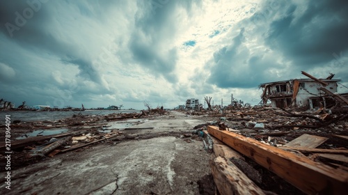 Devastated coastal town after hurricane with widespread debris