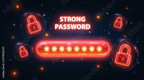 Password security concept with glowing neon red padlock and digital data protection for cyber safety login access