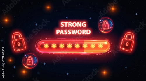 Password security concept with glowing neon lock and asterisk input field for data protection and cyber access