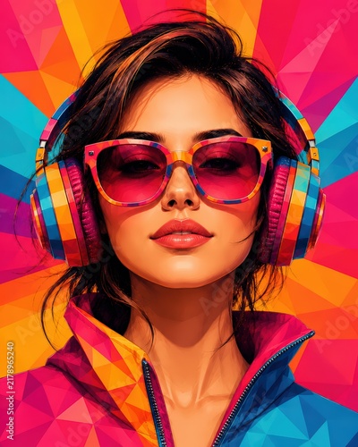 Vibrant Woman in Colorful Sunglasses and Headphones with Geometric Background