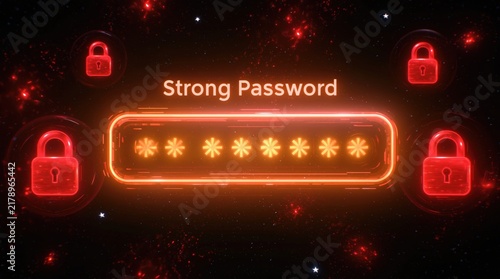 Password input field with glowing neon lock icons for cyber security data protection and internet privacy safety