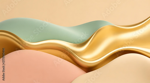 Abstract 3D background featuring smooth flowing waves in pastel pink, sage green and gold tones for luxury product presentation design
