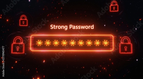 Password input field with glowing red locks for digital cybersecurity and data protection security login access