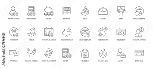 Private Finance icon set containing personal finance, expenditures, saving, prioritization, loan, salary, debt, frugal lifestyle, retirement and income vector concept illustration with simple line