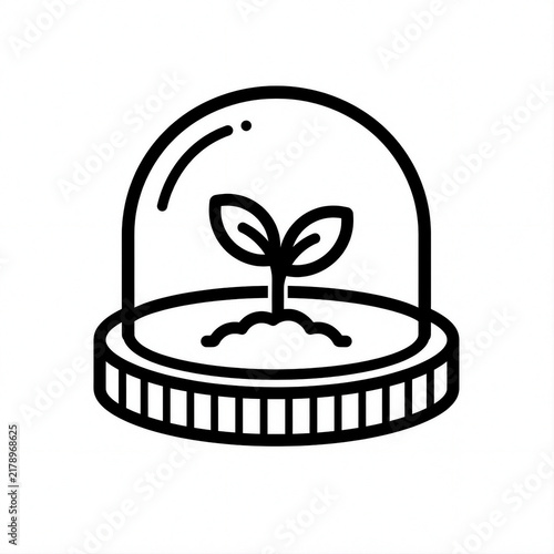 Illustration of a protected seedling growing from a coin, symbolizing careful financial growth, secure investment strategies, and the nurturing of future prosperity