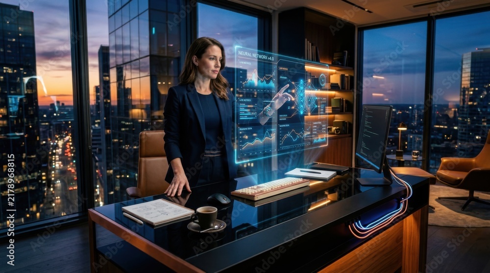 Fototapeta premium Businesswoman Interacting With Futuristic Holographic Display In Modern Office At Dusk