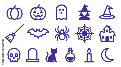 Halloween vector icon set with spooky symbols and festive flat design elements for commercial use