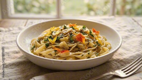 A plate of delicious pasta garnished with herbs and edible flowers, presented in a bright, airy setting