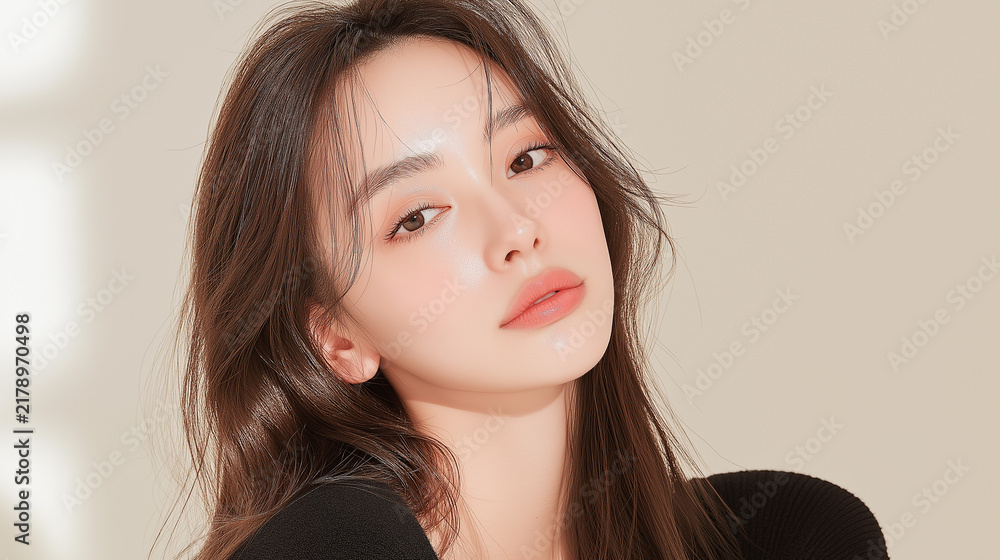 Fototapeta premium 美容, 女性, スキンケア, 化粧品, ビューティー, 若い女性, 美肌, 日本人, アジア人, フェイシャル, メイク, 美容液, 保湿, クリーム, エイジングケア, 美容医療, エステ, 美容クリニック, 肌ケア, ナチュラルメイク, 透明感, ツヤ肌, モデル, 笑顔, ポートレート, クローズアップ, リラックス, 癒し, 健康的, 美白, コラーゲン, ヒアルロン酸, アンチエイジング