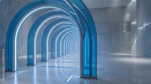 Futuristic interior corridor with glowing blue glass arches receding into the distance in a minimalist white architectural environment.