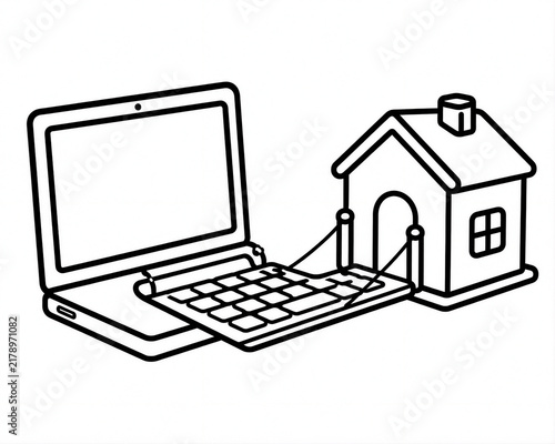 Black and white line art illustration of a laptop connected to a house representing remote work and home office connectivity
