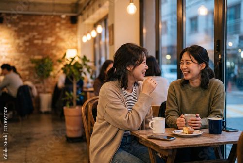 Korean Colleagues Enjoying Relaxing Coffee After Work in Cafe