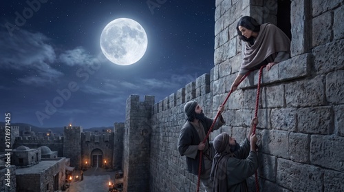 Rahab holding red cord releasing the two spies, Escape from Ancient City Wall Under Full Moon at Night.