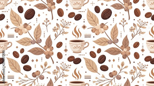 Seamless Coffee Pattern with Cups, Beans and Botanical Elements