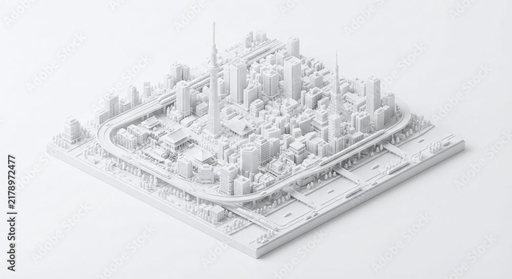 Fototapeta premium tokyo location model, 3D isometric rendering of a structure and objects with a solid white plastic finish, designed for use as a background element.