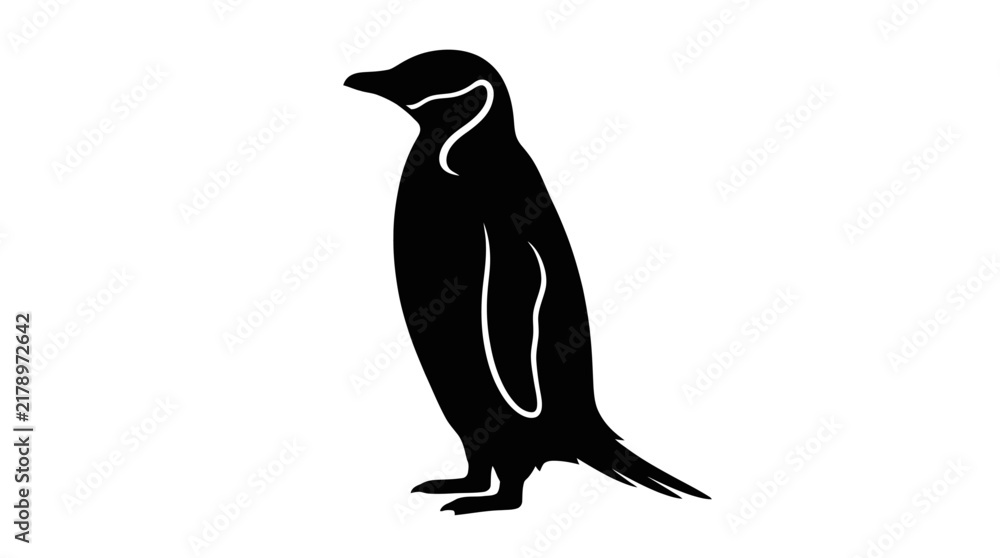 Fototapeta premium Black and white vector silhouette of a standing penguin, minimalist animal design illustration