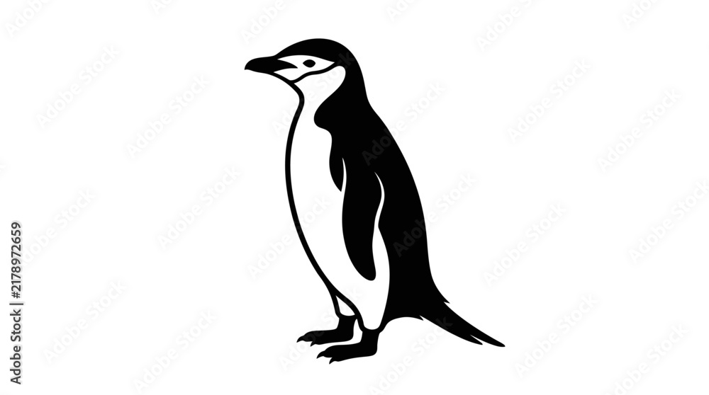 Fototapeta premium Black and white illustration of a chinstrap penguin standing in profile, isolated on white background