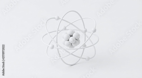 atom, 3D isometric rendering of a structure and objects with a solid white plastic finish, designed for use as a background element.