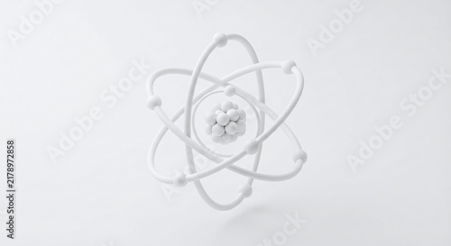 atom, 3D isometric rendering of a structure and objects with a solid white plastic finish, designed for use as a background element.