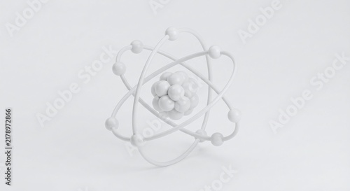 atom, 3D isometric rendering of a structure and objects with a solid white plastic finish, designed for use as a background element.