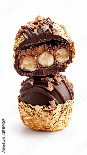 Stacked chocolate candy with nuts, partially unwrapped, showcasing layers