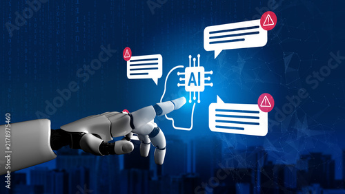Fotografía A robotic hand reaches towards floating digital communication icons, symbolizing the interaction between technology and artificial intelligence in modern networks