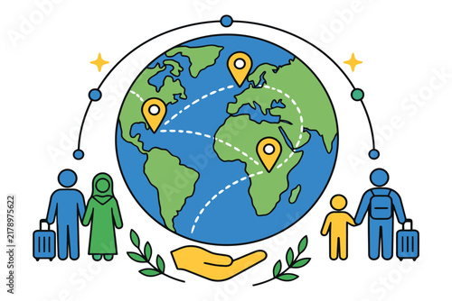 Family traveling around the world with luggage and global location markers