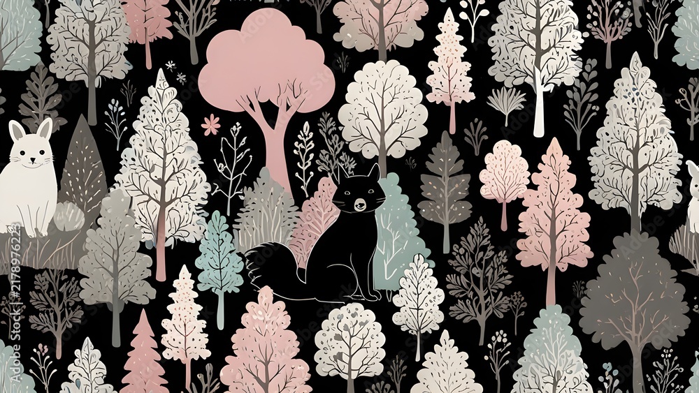 Obraz premium Whimsical forest seamless pattern with cute foxes and stylized trees in pastel tones on a dark background