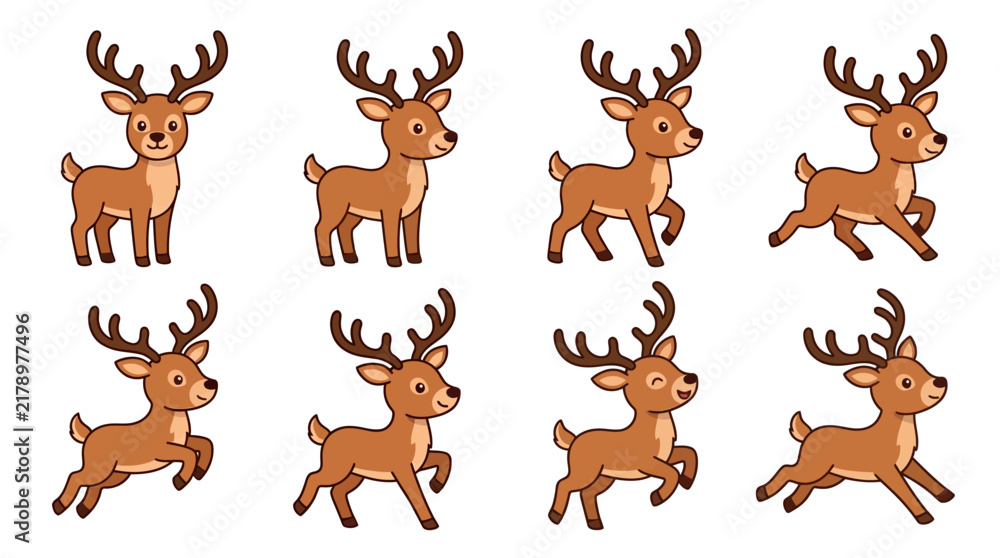 Obraz premium Cartoon Reindeer Characters in Various Poses. vector illustration