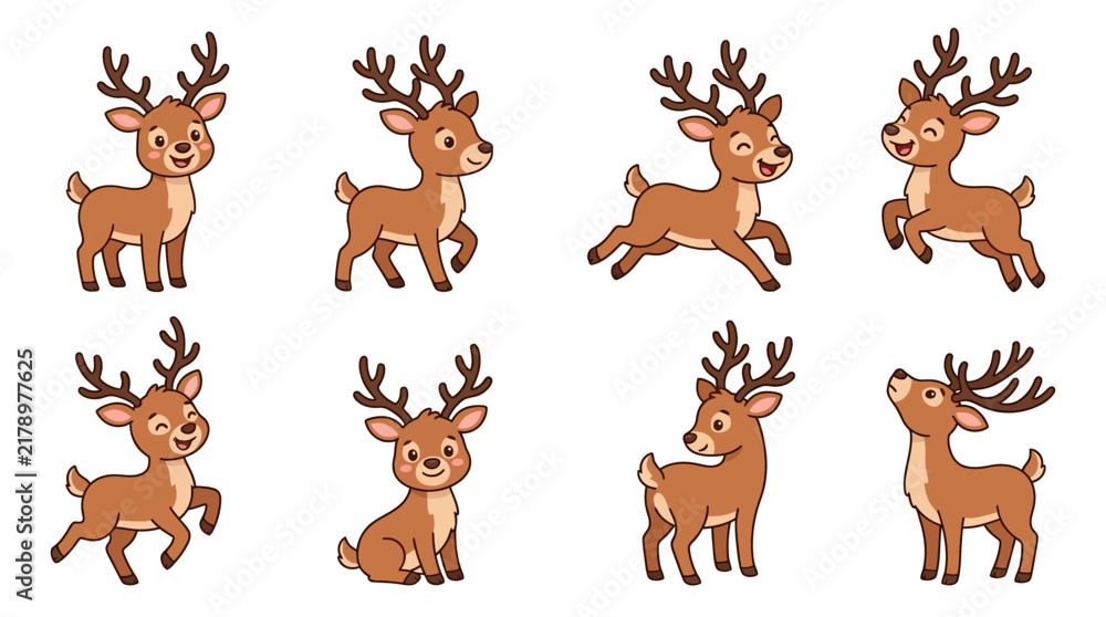 Fototapeta premium Cute cartoon reindeer characters in various poses. vector illustration