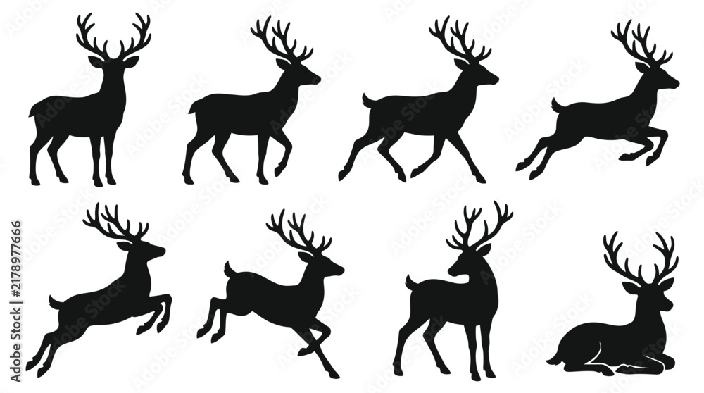 Fototapeta premium Silhouette of Deer in Various Poses and Movements. vector illustration